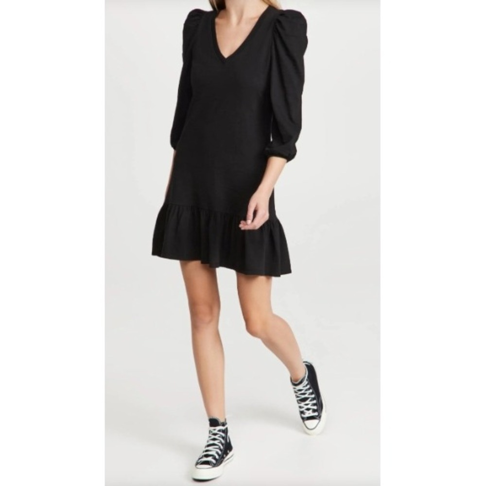 Nation LTD Danika Black Cotton Puff Sleeve Ruffle Hem Mini Dress | Size XS